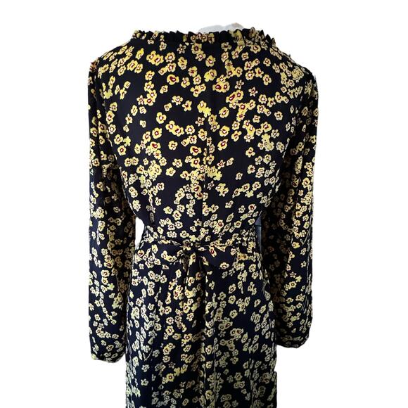 Black Maxi Flowy Dress Yellow Flowers Elastic Waist Tie Back Bow Ruffle Neck M - Picture 5 of 5